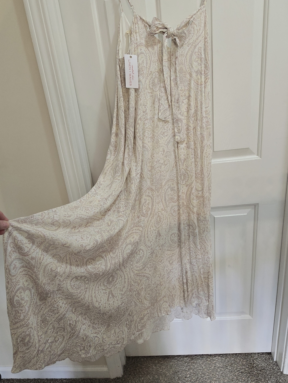 Beachy, Light Paisley Slip Dress in Cream & Blush, Bow in Back